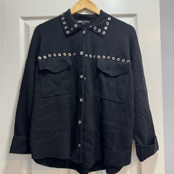 Maje Knit Overshirt with Eyelets Black and Silver Cardigan with Studded Grommets - Picture 7 of 11